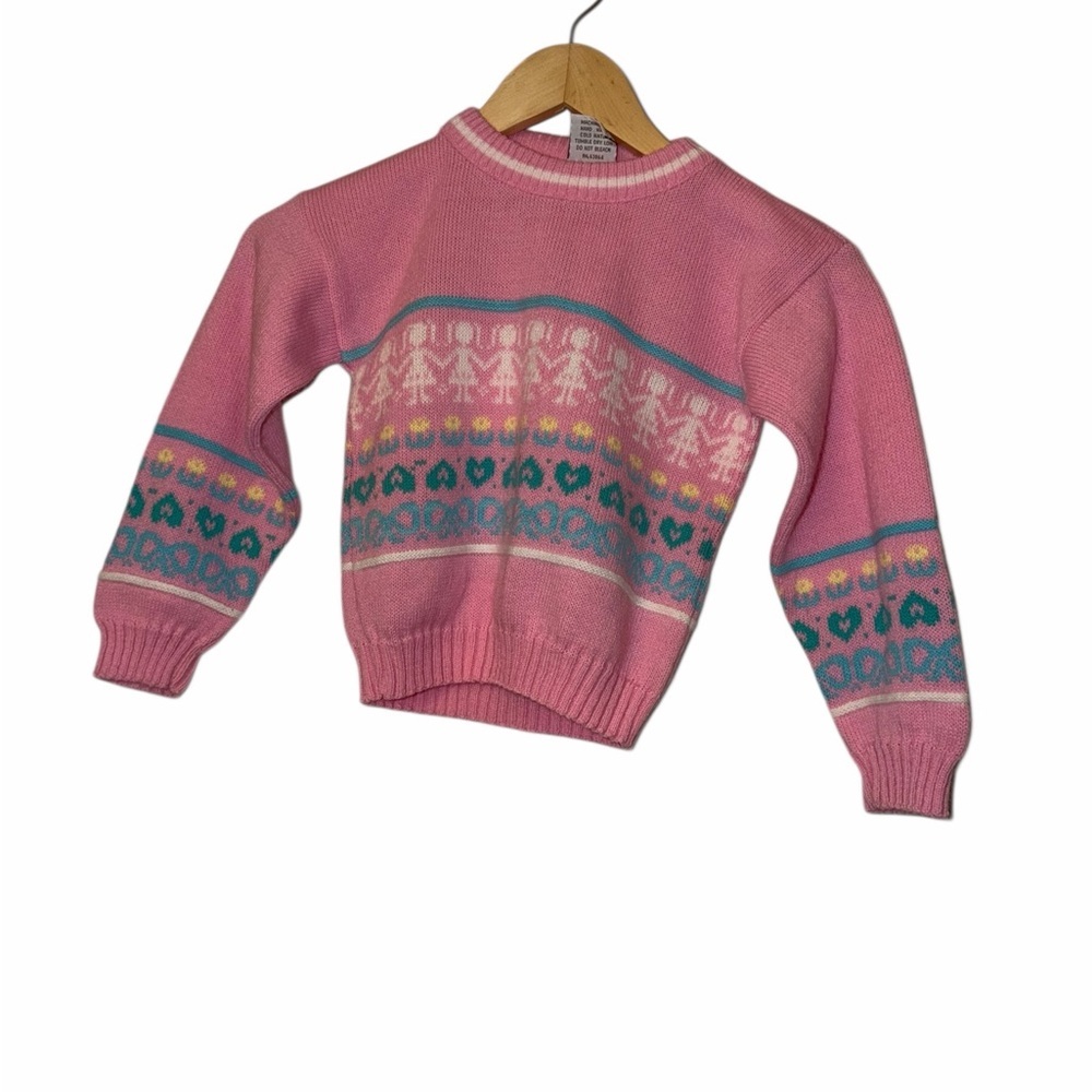 Vintage Hot Fudge Girls Pink Heart Girl Bow Tulip Sweater Made USA Sz 3-4*